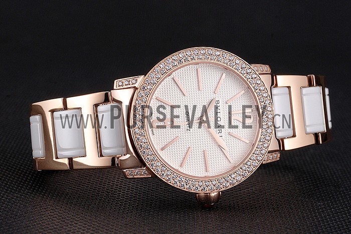 Bvlgari Bvlgari White Embossed Dial Gold Case Diamond Bezel Two Tone Bracelet