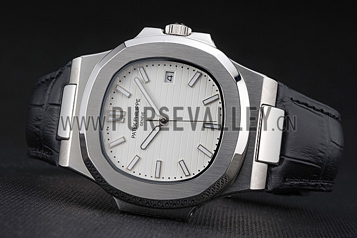 Patek Philippe Nautilus White Dial Brushed Stainless Steel Case Black Leather Strap