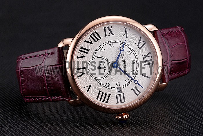 Cartier Ronde Louis Cartier White Dial Gold Case Purple Leather Strap