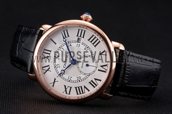 Cartier Ronde Louis Cartier White Dial Gold Case Black Leather Strap