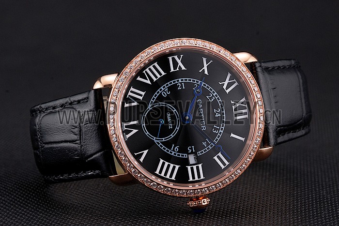 Cartier Ronde Louis Cartier Black Dial Gold Case Diamond Bezel Black Leather Strap