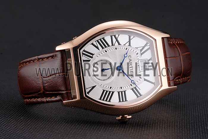 Cartier Tortue Large Date White Dial Gold Case Brown Leather Strap