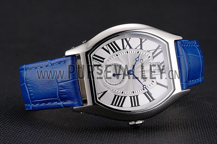 Cartier Tortue Large Date White Dial Stainless Steel Case Blue Leather Strap