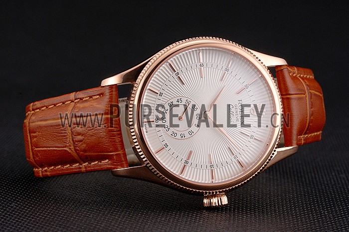 Swiss Rolex Cellini White Dial Rose Gold Case Light Brown Leather Strap