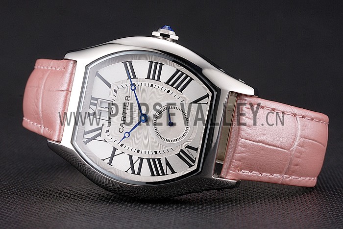 Cartier Tortue Large Date White Dial Stainless Steel Case Pink Leather Strap
