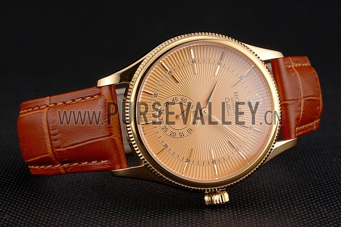 Swiss Rolex Cellini Gold Dial Gold Case Light Brown Leather Strap
