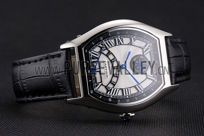 Cartier Tortue Perpetual Calendar White Dial Stainless Steel Case Black Leather Strap
