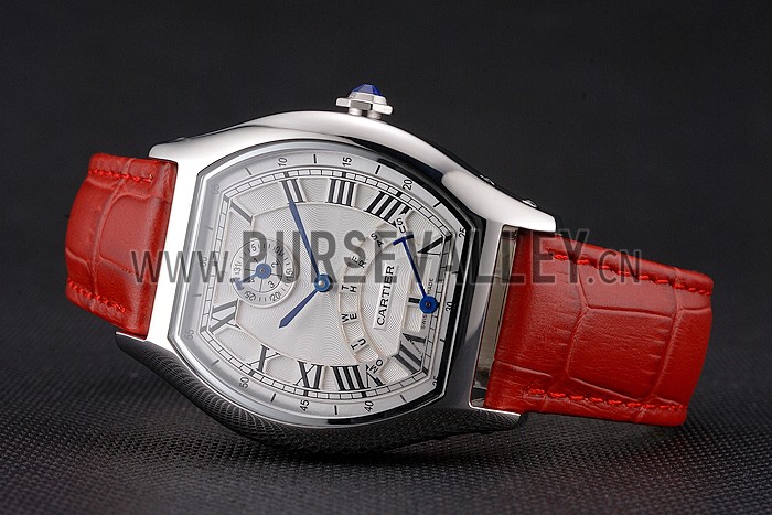 Cartier Tortue Perpetual Calendar White Dial Stainless Steel Case Red Leather Strap