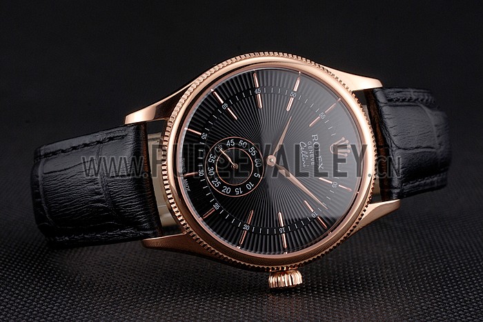 Swiss Rolex Cellini Black Dial Rose Gold Case Black Leather Strap
