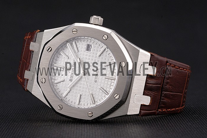Swiss Audemars Piguet Royal Oak White Dial Stainless Steel Case Brown Leather Strap