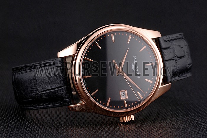 Swiss Patek Philippe Calatrava Black Dial Rose Gold Case Black Leather Strap