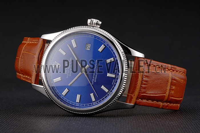 Swiss Rolex Datejust Blue Dial Stainless Steel Case Light Brown Leather Strap