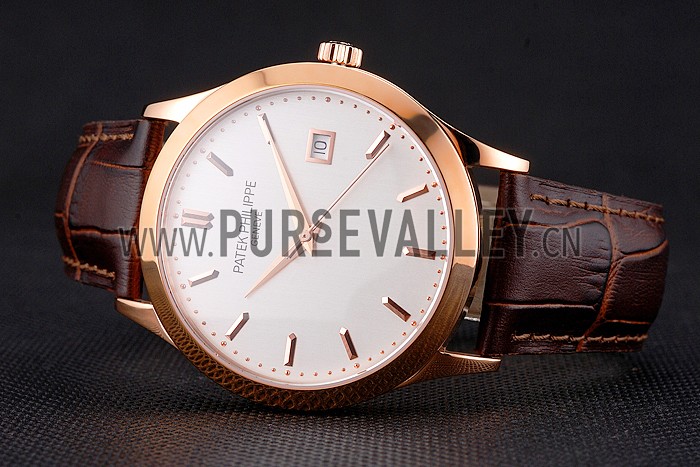 Swiss Patek Philippe Calatrava White Dial Rose Gold Case Brown Leather Strap