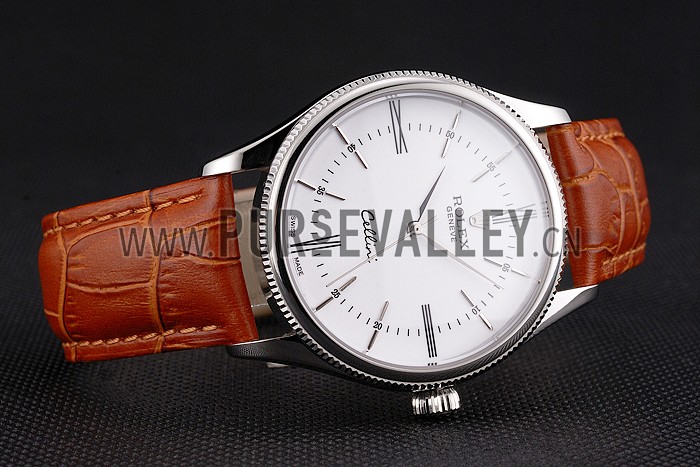 Swiss Rolex Cellini White Dial Roman Numerals Stainless Steel Case Light Brown Leather Strap