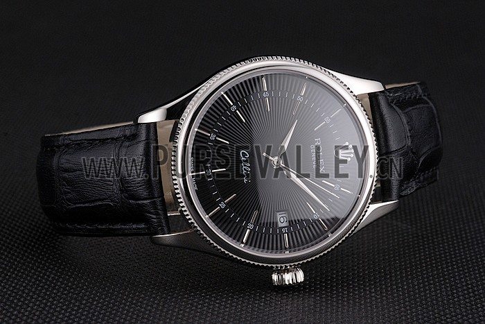 Swiss Rolex Cellini Date Black Dial Stainless Steel Case Black Leather Strap