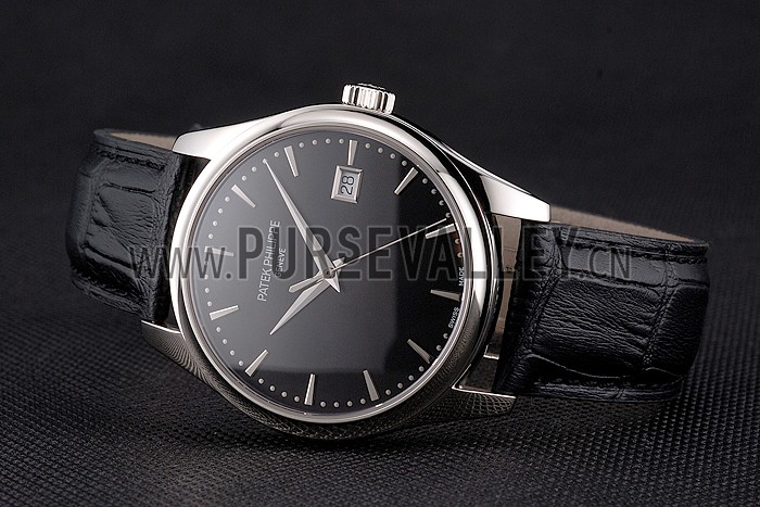 Swiss Patek Philippe Calatrava Black Dial Stainless Steel Case Black Leather Strap