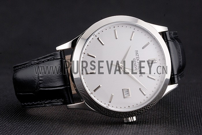 Swiss Patek Philippe Calatrava Silver Dial Stainless Steel Case Black Leather Strap