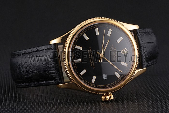 Swiss Rolex Datejust Black Dial Gold Case Black Leather Strap