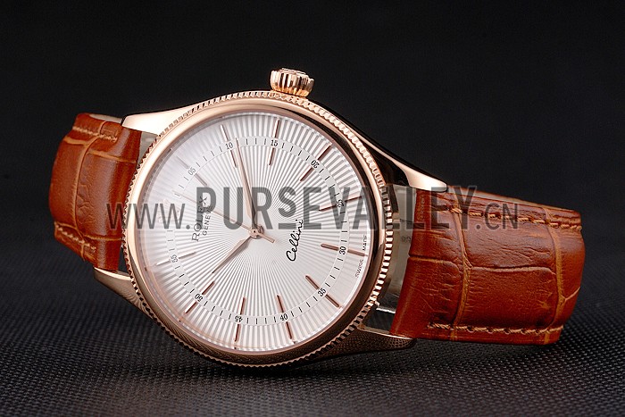 Swiss Rolex Cellini White Dial Rose Gold Case Brown Leather Strap