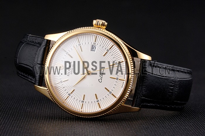 Swiss Rolex Cellini Date White Dial Gold Case Black Leather Strap