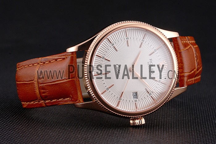 Swiss Rolex Cellini Date White Dial Rose Gold Case Brown Leather Strap