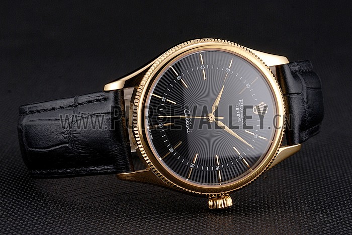 Swiss Rolex Cellini Black Dial Gold Markings Gold Case Black Leather Strap