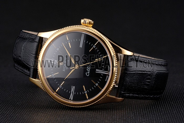 Swiss Rolex Cellini Black Dial Roman Numerals Gold Case Black Leather Strap
