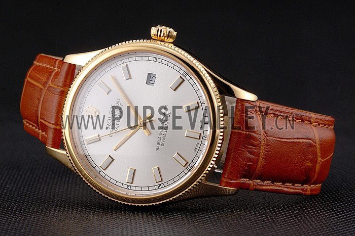Swiss Rolex Datejust White Dial Gold Case Light Brown Leather Strap