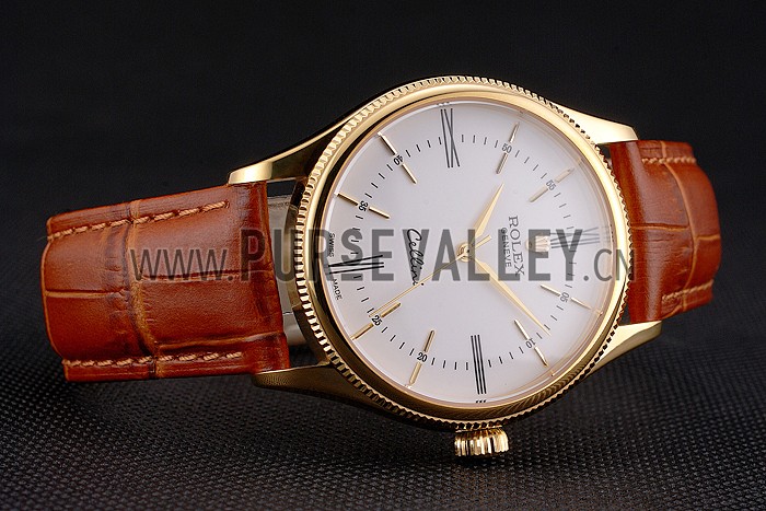 Swiss Rolex Cellini White Dial Roman Numerals Gold Case Light Brown Leather Strap