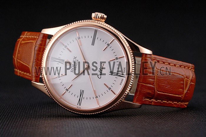 Swiss Rolex Cellini White Dial Roman Numerals Rose Gold Case Light Brown Leather Strap