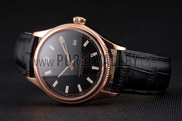 Swiss Rolex Datejust Black Dial Rose Gold Case Black Leather Strap