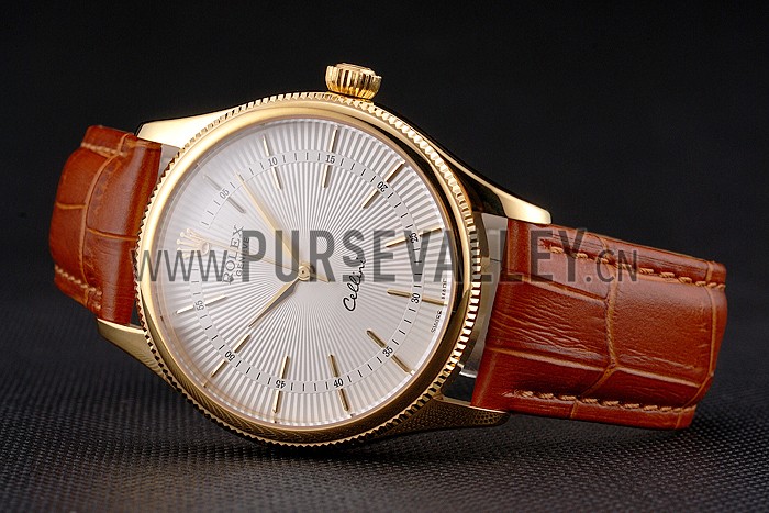 Swiss Rolex Cellini White Guilloche Dial Gold Case Light Brown Leather Strap