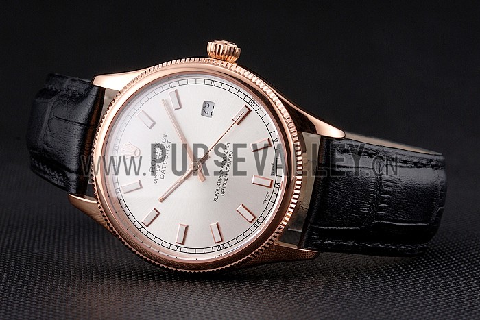 Swiss Rolex Datejust White Dial Rose Gold Case Black Leather Strap