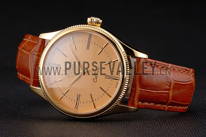 Swiss Rolex Cellini Gold Dial Roman Numerals Gold Case Light Brown Leather Strap