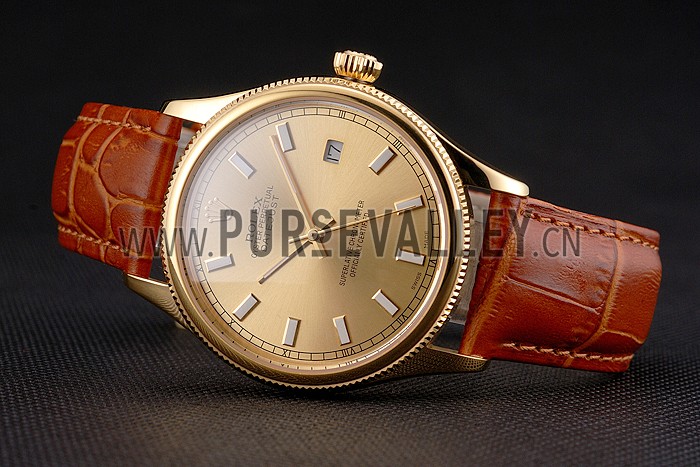 Swiss Rolex Datejust Gold Dial Gold Case Light Brown Leather Strap