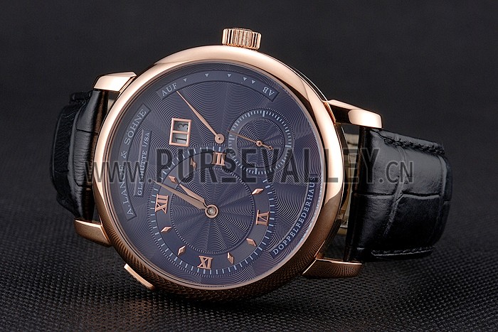 A. Lange & Sohne Lange 1 Blue Dial Rose Gold Case Black Leather Strap