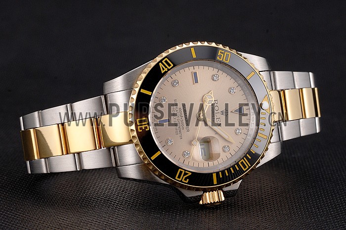 Swiss Rolex Submariner Gold Dial Diamond Markings Black Bezel Two Tone Steel Gold Bracelet