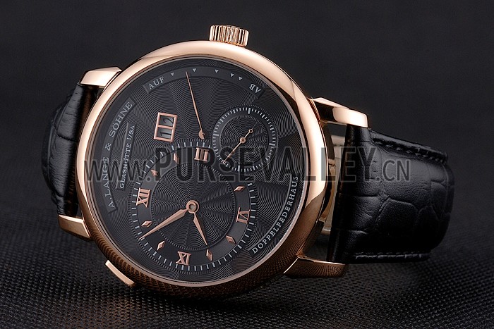 A. Lange & Sohne Lange 1 Black Dial Rose Gold Case Black Leather Strap