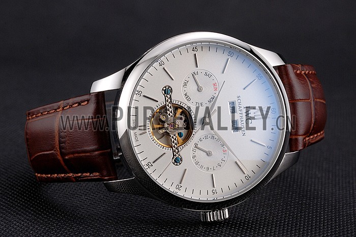 IWC Portofino Tourbillon White Dial Stainless Steel Case Brown Leather Strap