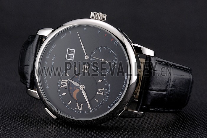 A. Lange & Sohne Grand Lange 1 Moon Phase Black Dial Stainless Steel Case Black Leather Strap