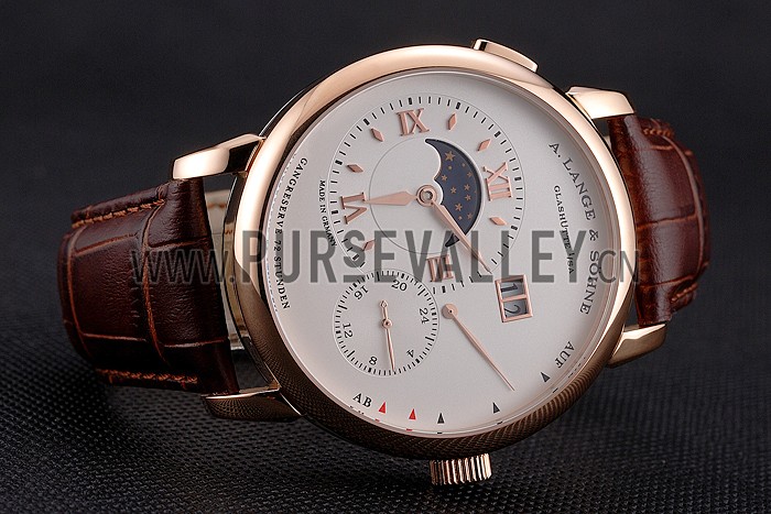 A. Lange & Sohne Grand Lange 1 Moon Phase White Dial Rose Gold Case Brown Leather Strap
