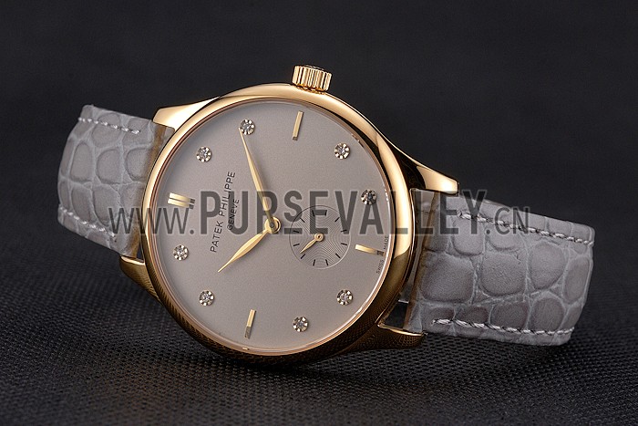 Patek Philippe Calatrava Gray Dial Diamond Markings Gold Case Gray Leather Strap