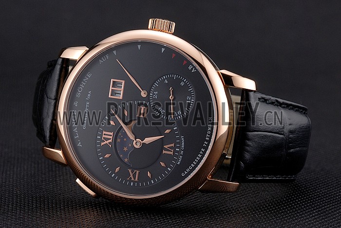 A. Lange & Sohne Grand Lange 1 Moon Phase Black Dial Rose Gold Case Black Leather Strap