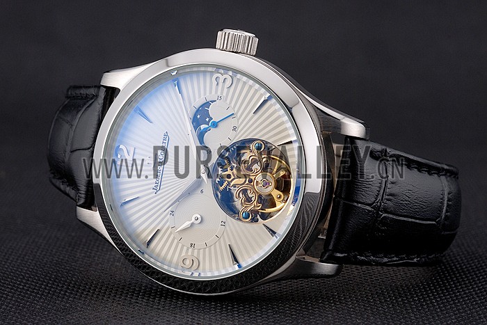 Jaeger LeCoultre Master Moonphase Tourbillon White Dial Stainless Steel Case Black Leather Strap