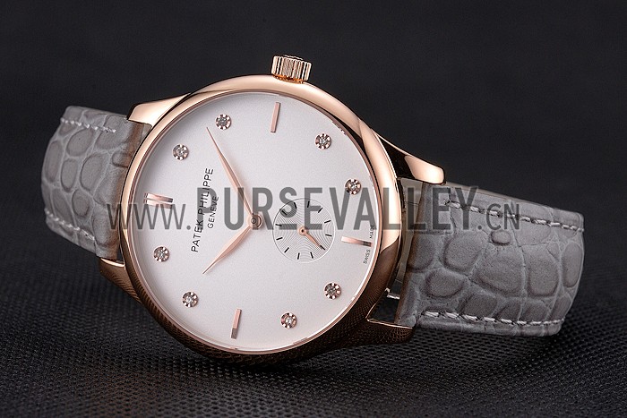 Patek Philippe Calatrava White Dial Diamond Markings Rose Gold Case Gray Leather Strap