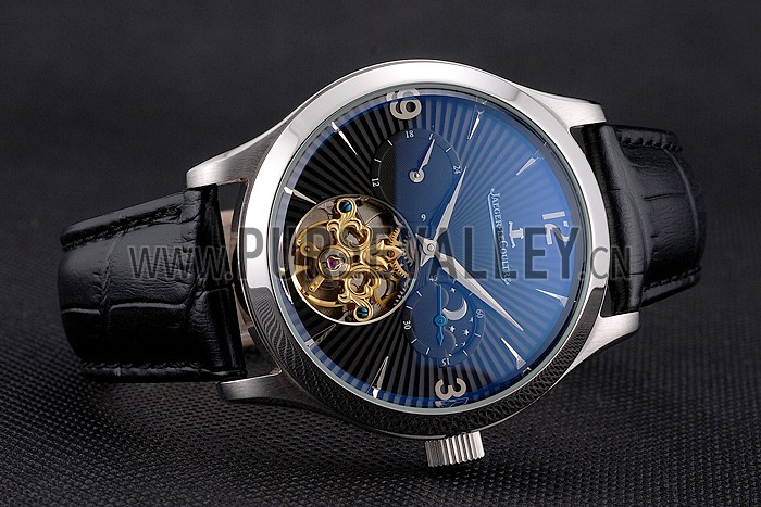 Jaeger LeCoultre Master Moonphase Tourbillon Black Dial Stainless Steel Case Black Leather Strap