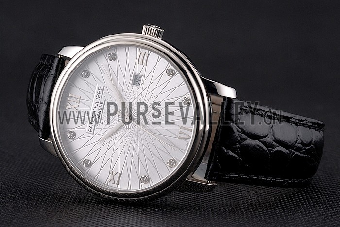 Patek Philippe Calatrava Date White Embossed Dial Stainless Steel Case Black Leather Strap