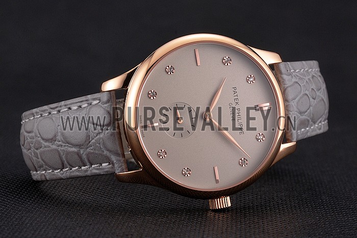 Patek Philippe Calatrava Gray Dial Diamond Markings Rose Gold Case Gray Leather Strap