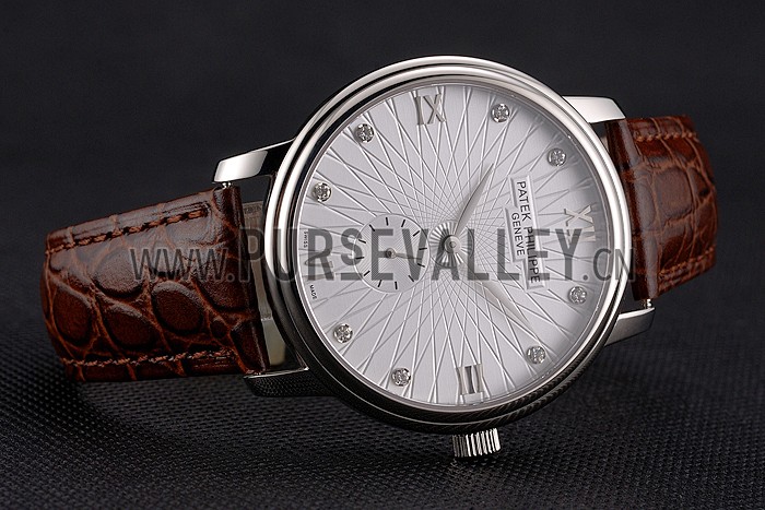 Patek Philippe Calatrava Date White Embossed Dial Stainless Steel Case Brown Leather Strap