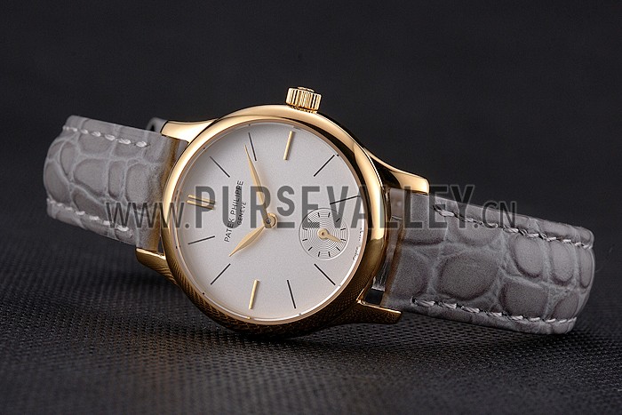 Patek Philippe Calatrava White Dial Gold Case Gray Leather Strap